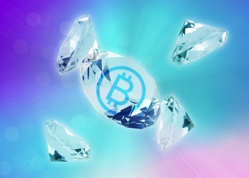 Image of Shiny diamonds and one with bitcoin inside on color background