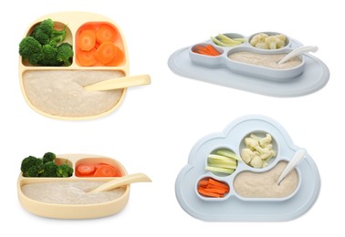 Image of Set with healthy baby food in different dishes on white background