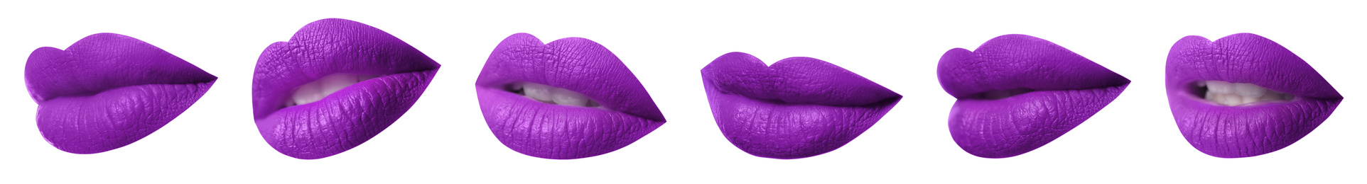 Image of Set of mouths with beautiful makeup on white background, banner design. Matte violet lipstick