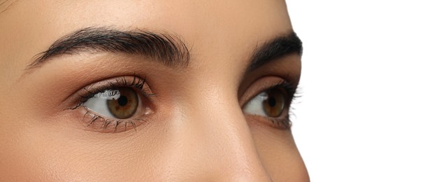 Closeup view of woman with beautiful eyes on white background. Banner design