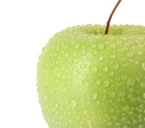 Photo of One ripe green apple with water drops isolated on white