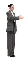 Photo of Beautiful happy businesswoman in suit on white background