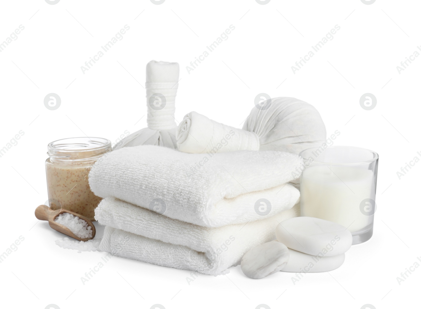 Photo of Spa composition with care products on white background