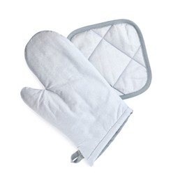 Photo of Oven glove and potholder for hot dishes on white background, top view