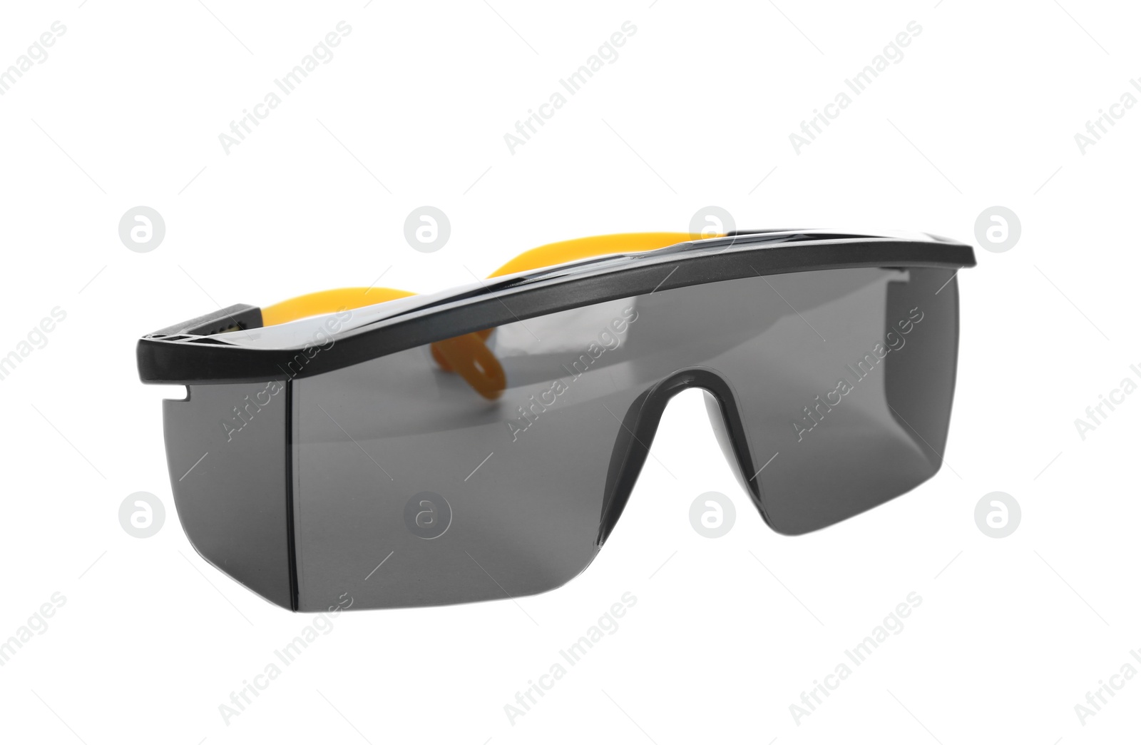 Photo of Protective goggles on white background. Safety equipment