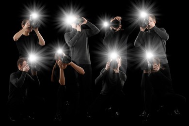 Image of Group of photographers with cameras on black background. Paparazzi taking pictures with flashes