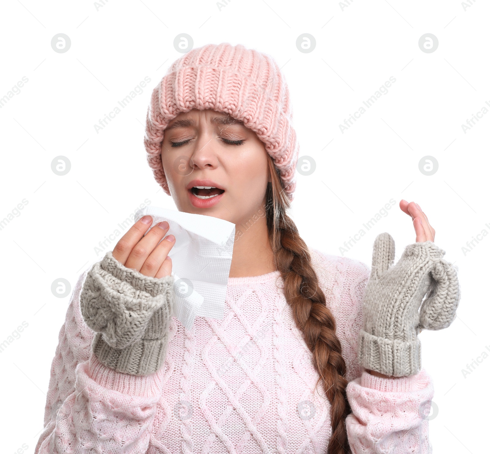 Photo of Young woman suffering from cold on white background