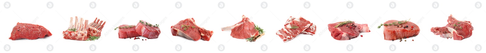 Image of Set with different raw meat on white background, banner design 