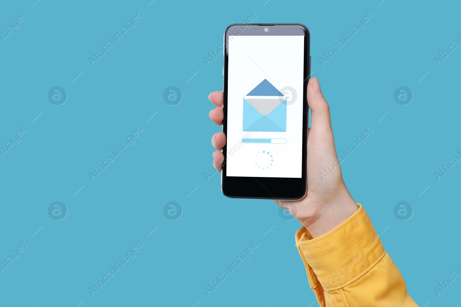 Image of Got new message. Woman holding smartphone on light blue background, closeup. Space for text