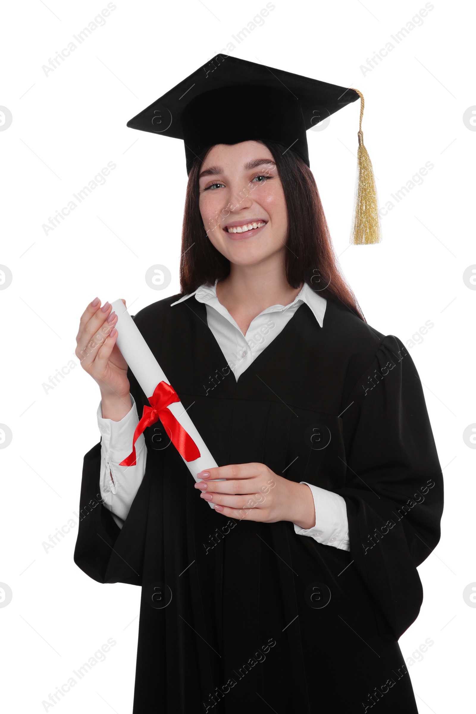 Photo of Happy student in academic dress with diploma on white background