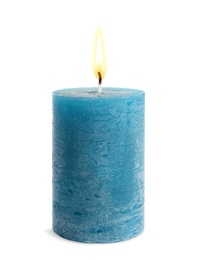 Photo of Decorative blue wax candle on white background