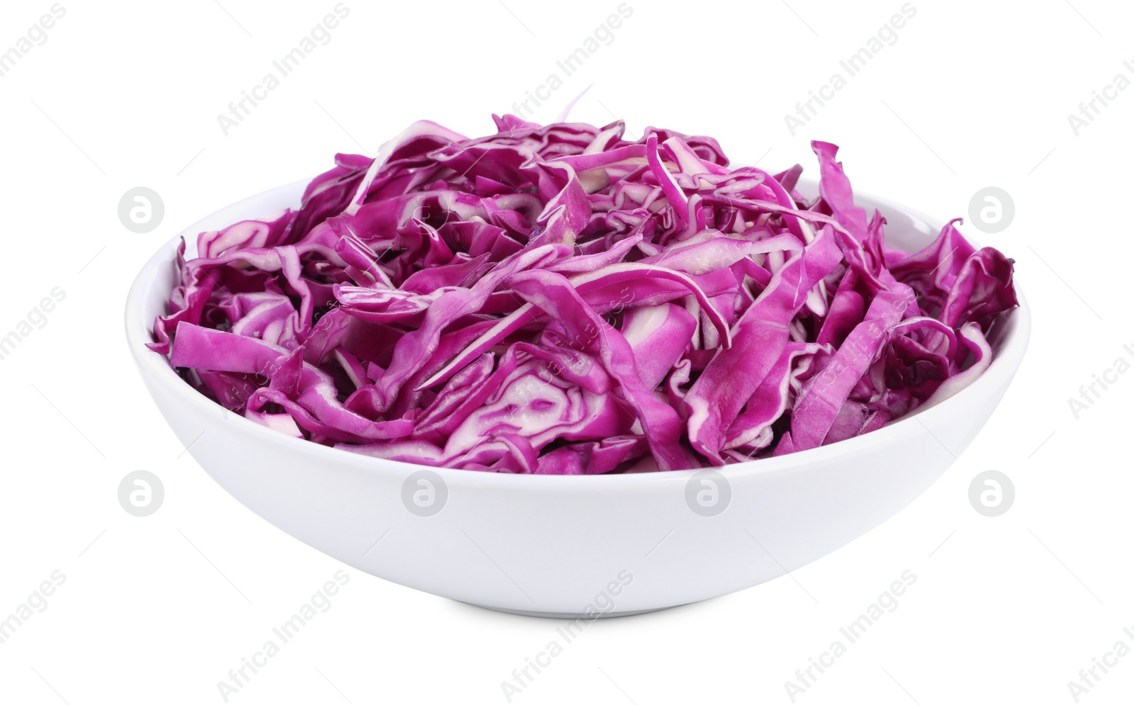 Photo of Bowl with shredded fresh red cabbage isolated on white