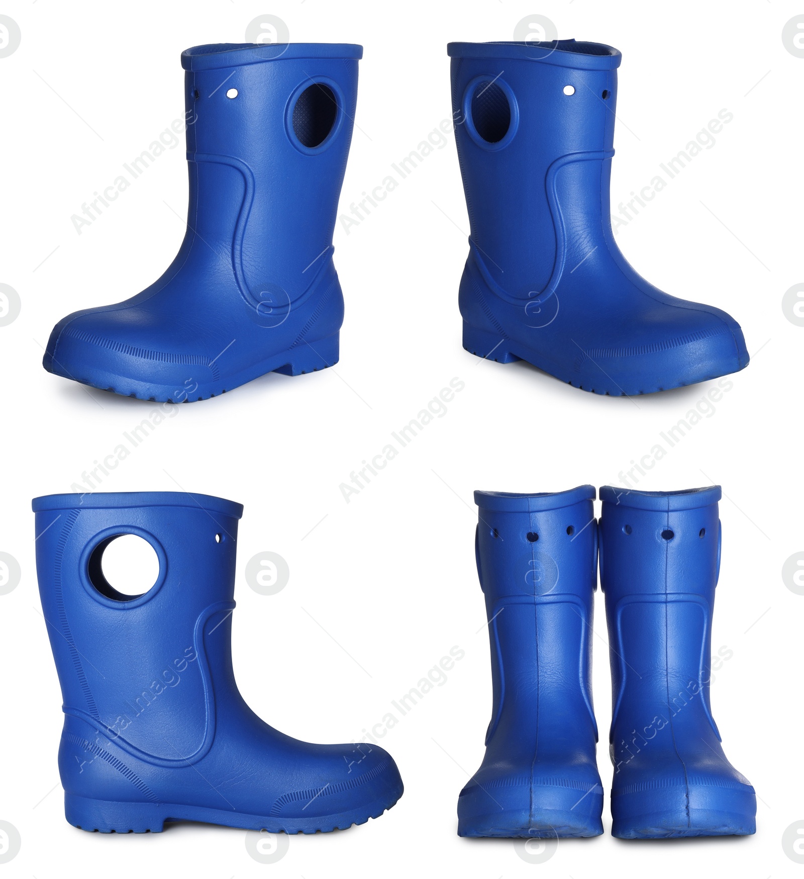 Image of Set with blue rubber boots on white background. Banner design