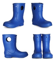 Image of Set with blue rubber boots on white background. Banner design