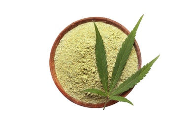 Bowl of hemp protein powder and leaf isolated on white, top view