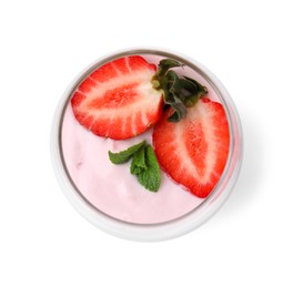 Photo of Glass with yogurt, strawberries and mint isolated on white