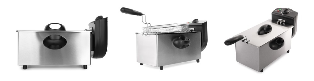 Image of Set with modern deep fryers on white background. Banner design