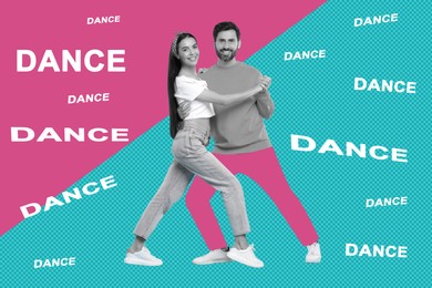 Image of Happy couple dancing on bright background. Creative collage with stylish man and woman. Concept of music, party, fashion, lifestyle