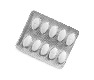 Blister of pills on white background, top view