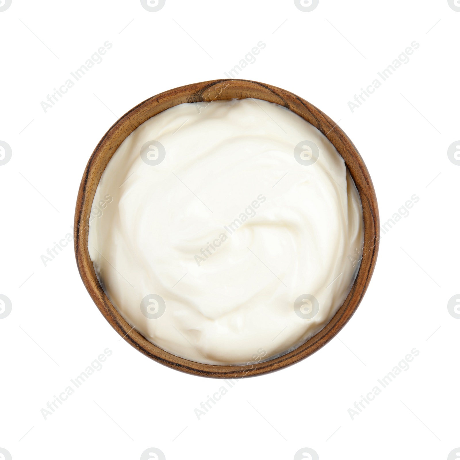 Photo of Bowl with sour cream on white background, top view