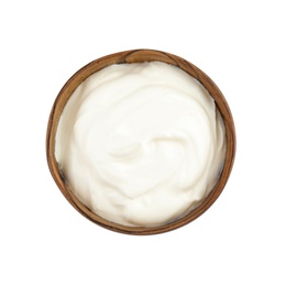 Photo of Bowl with sour cream on white background, top view