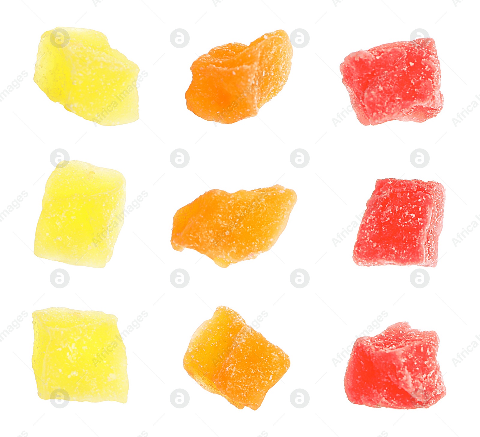 Image of Set with tasty pieces of candied fruits on white background 