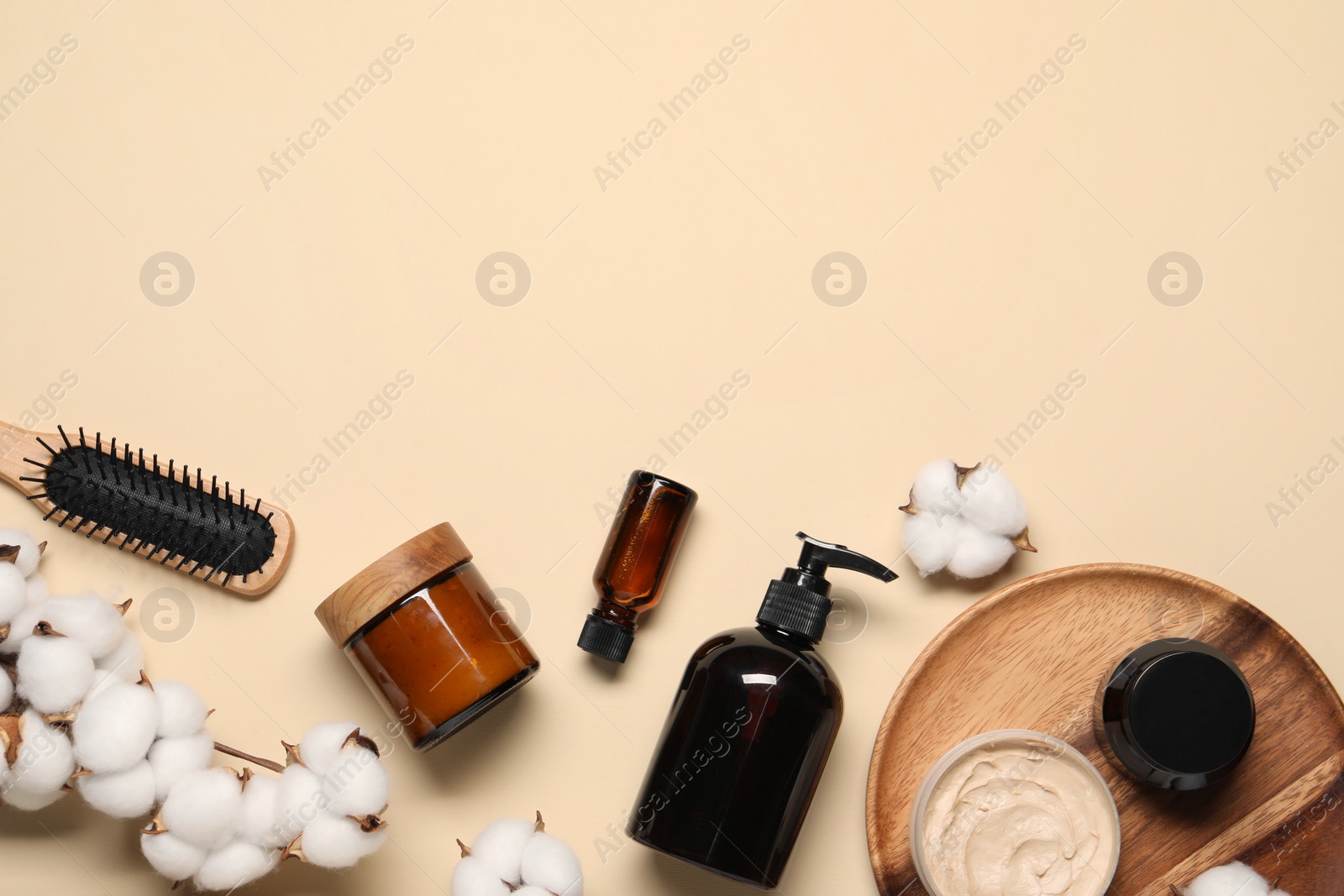 Photo of Bath accessories. Flat lay composition with personal care products on beige background, space for text