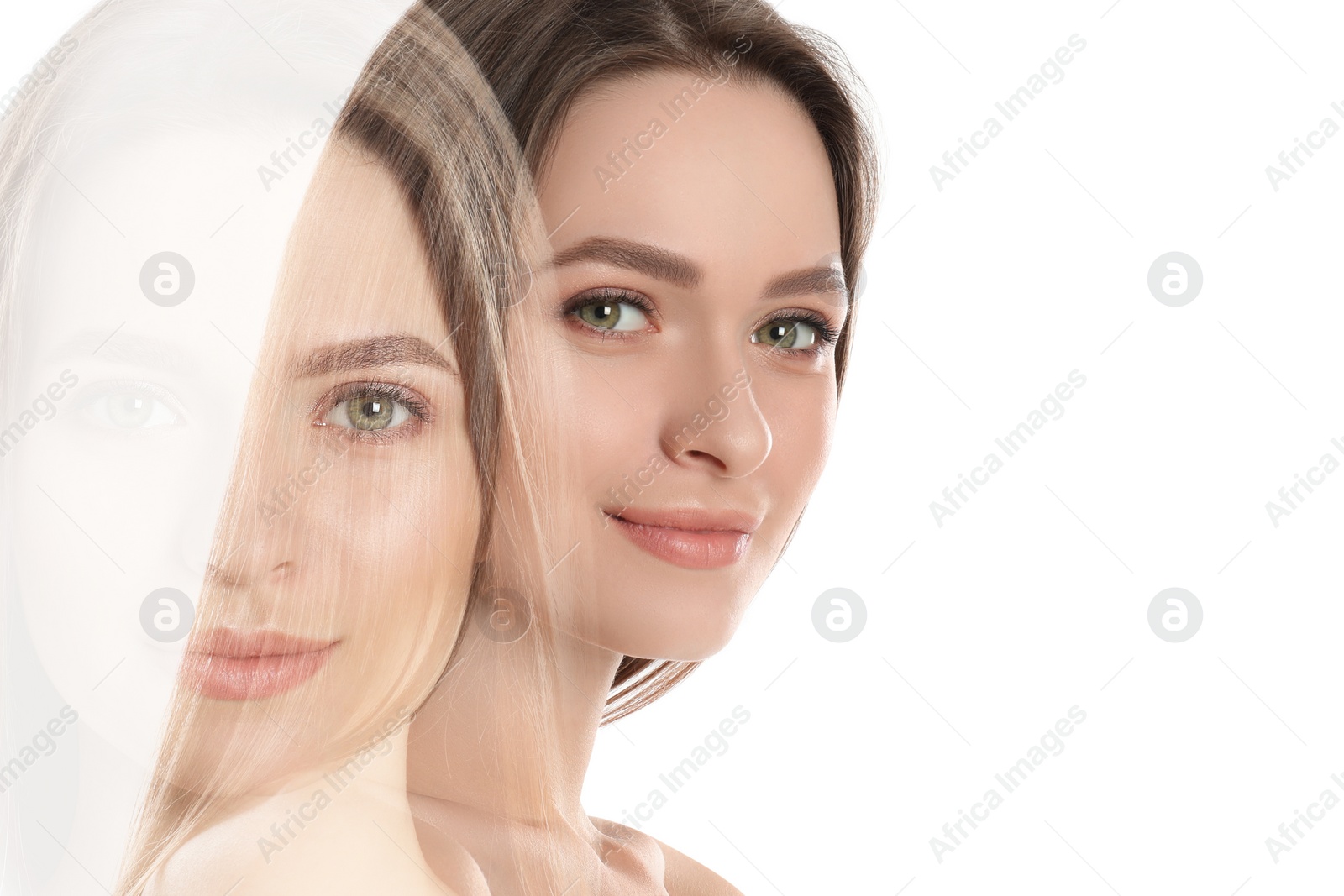 Image of Double exposure of beautiful young woman on white background