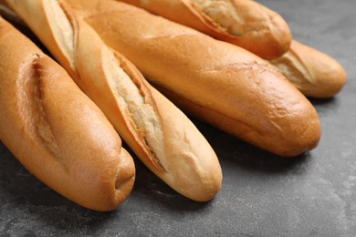 Photo of Different tasty baguettes on grey table, closeup