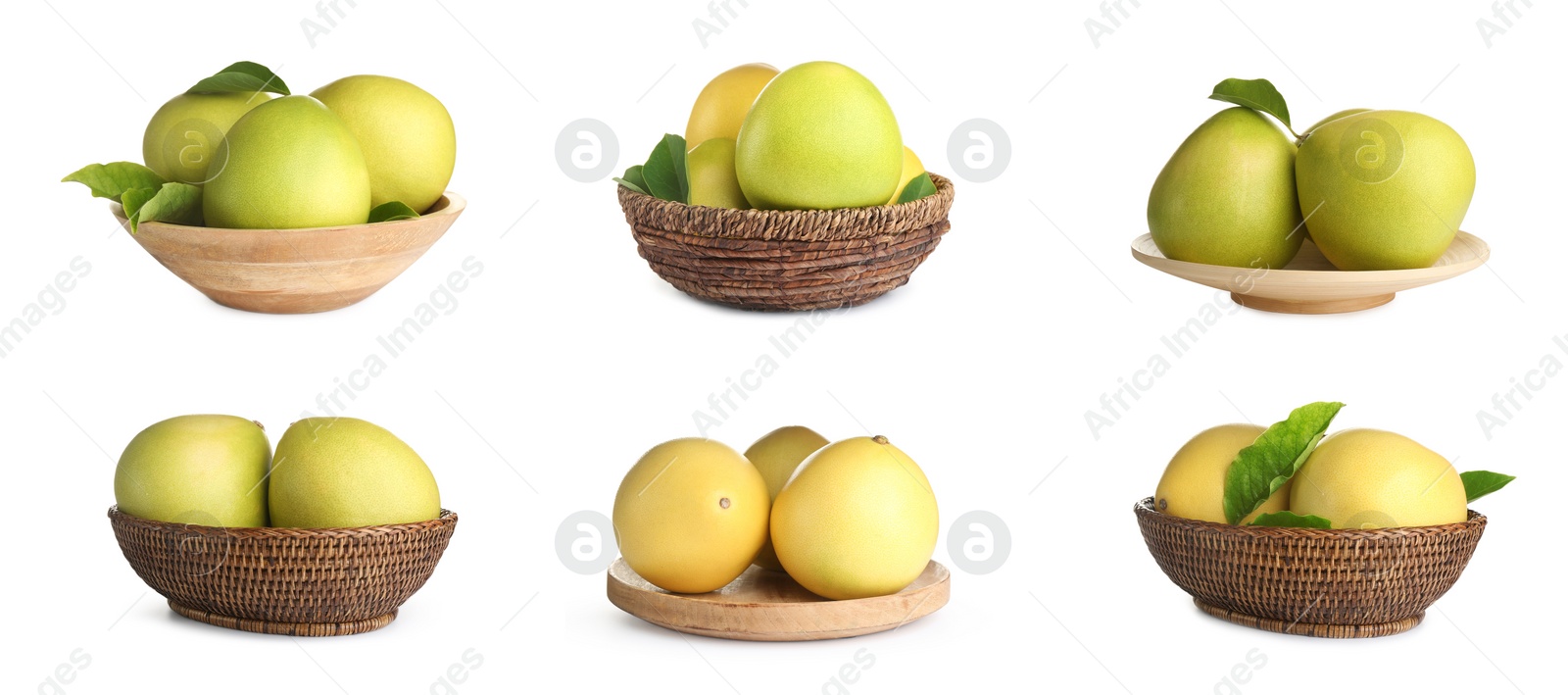 Image of Collage with fresh pomelo fruits on white background