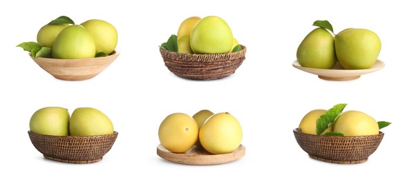 Collage with fresh pomelo fruits on white background