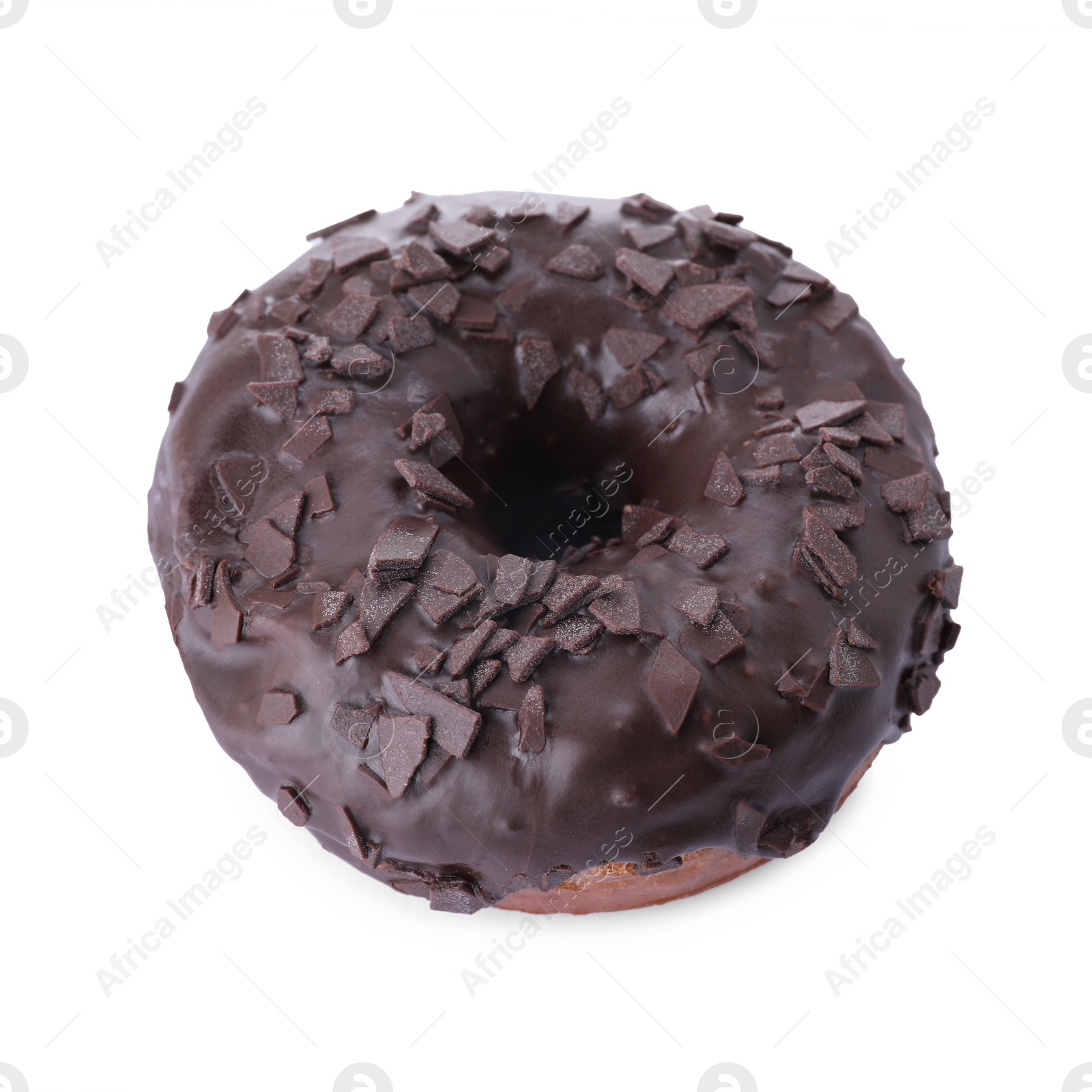 Photo of Tasty glazed donut decorated with dark chocolate sprinkles isolated on white
