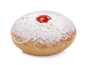 Photo of Delicious donut with jelly and powdered sugar isolated on white