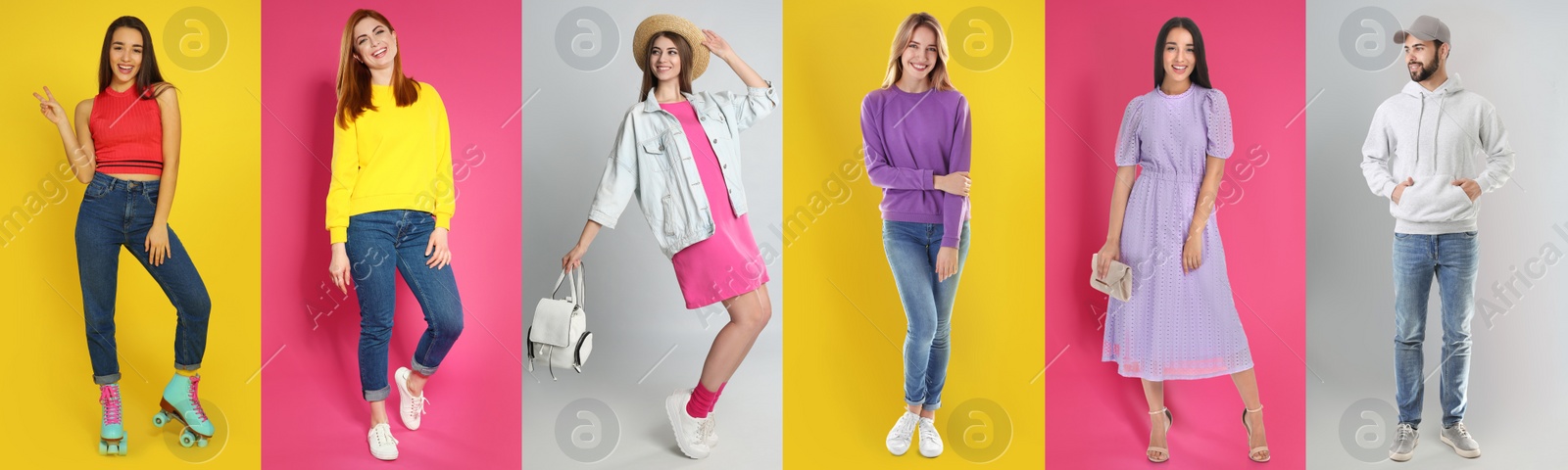 Image of Collage with photos of people wearing trendy clothes on different color backgrounds