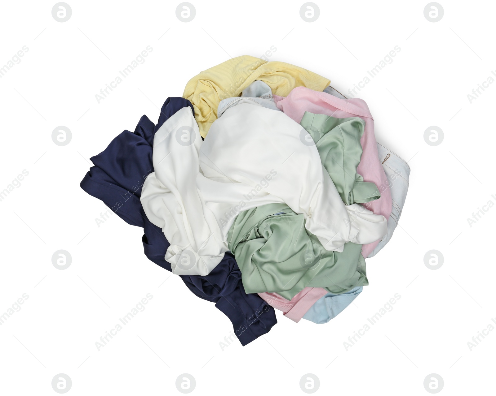 Pile of clothes isolated on white, top view Photo of Pile of clothes isolated on white, top view