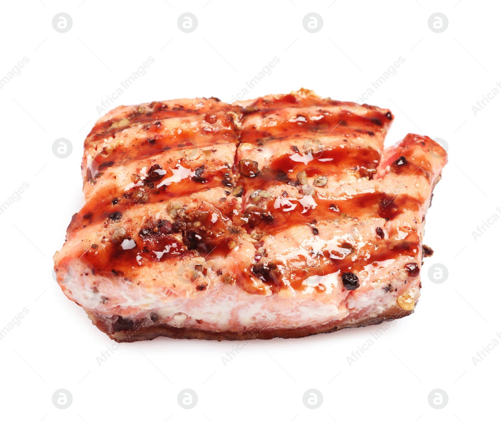 Photo of Piece of tasty grilled salmon on white background