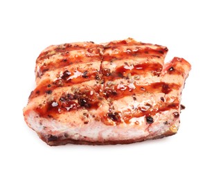 Photo of Piece of tasty grilled salmon on white background