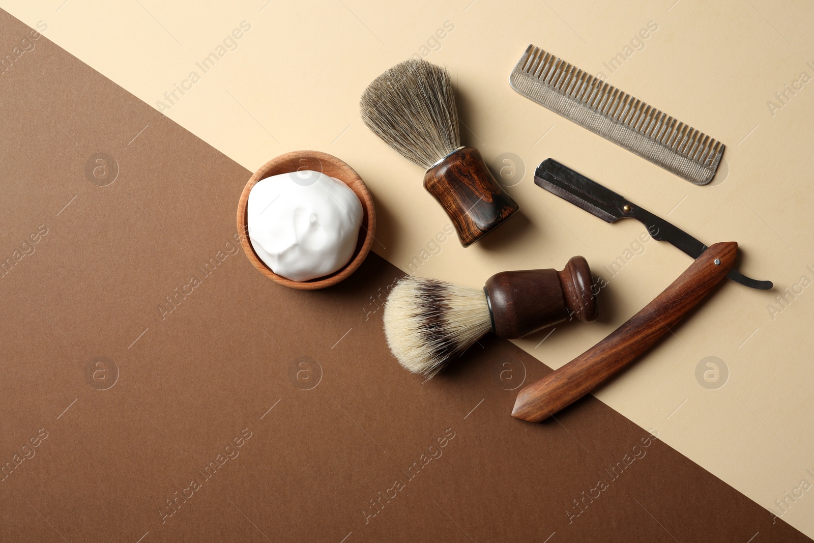 Photo of Flat lay composition with shaving accessories for men on color background