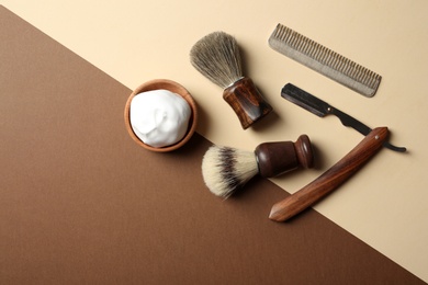 Photo of Flat lay composition with shaving accessories for men on color background