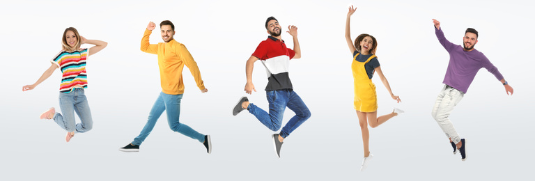 Collage with photos of young people in fashion clothes jumping on white background. Banner design
