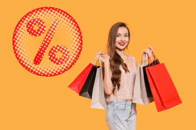 Discount offer. Happy woman with paper shopping bags and illustration of percent sign on orange background