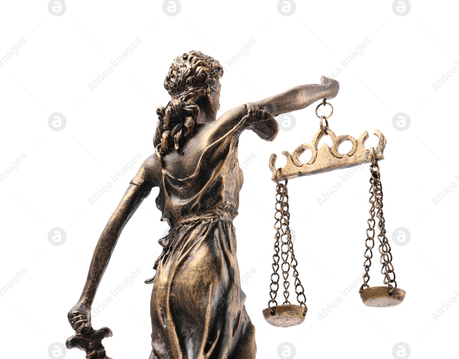 Photo of Statue of Lady Justice isolated on white, back view. Symbol of fair treatment under law