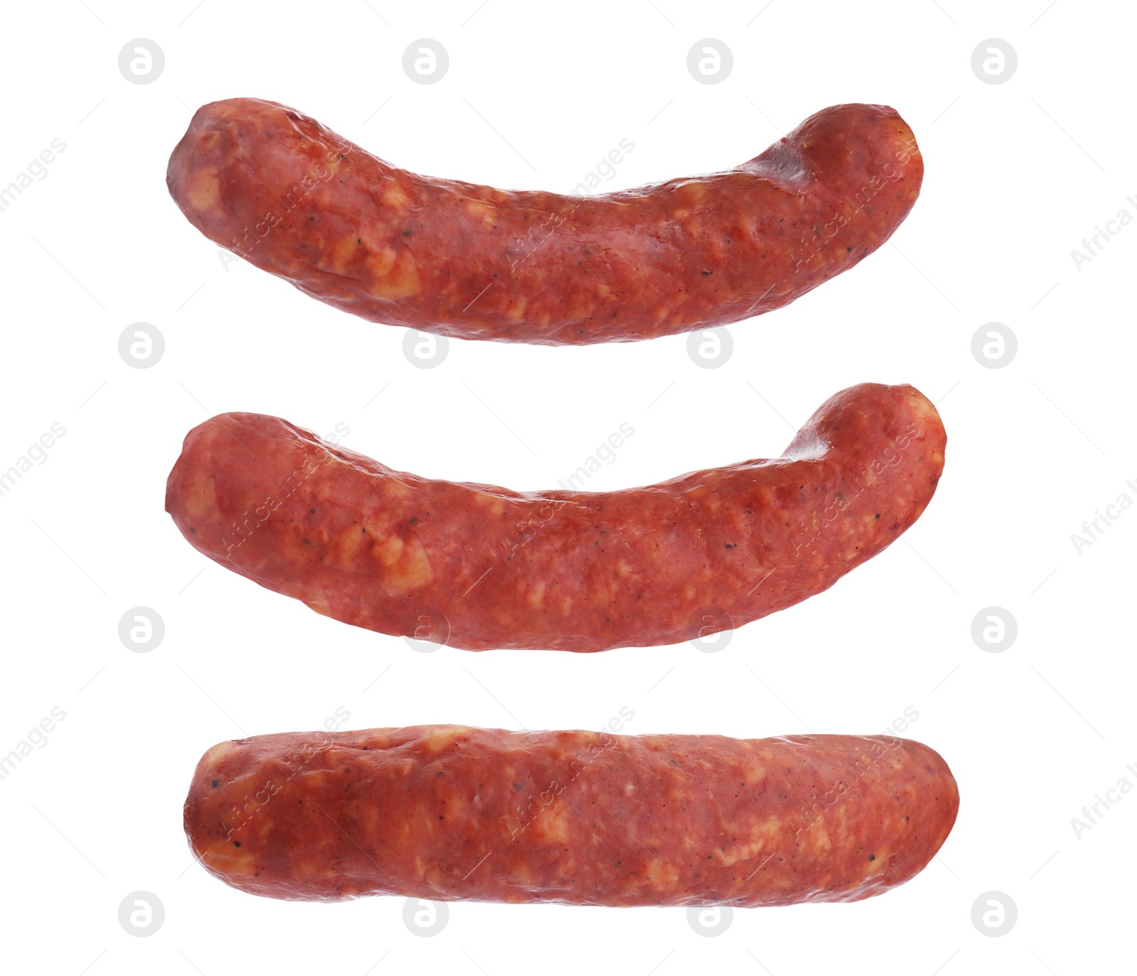 Image of Collage with fresh raw sausages on white background