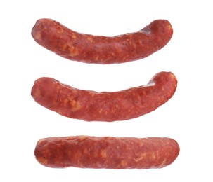 Image of Collage with fresh raw sausages on white background