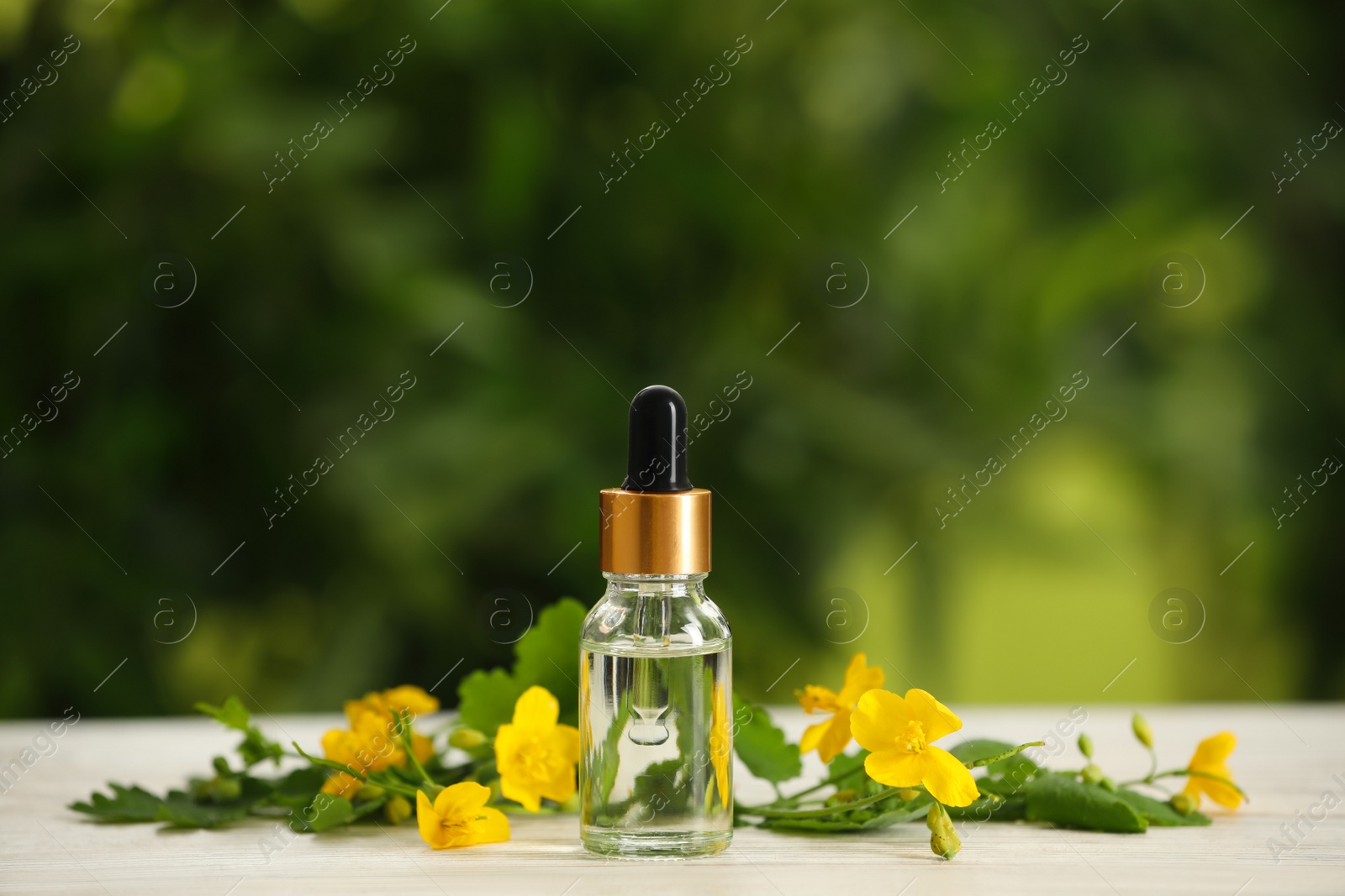 Photo of Bottle of natural celandine oil near flowers on white wooden table outdoors