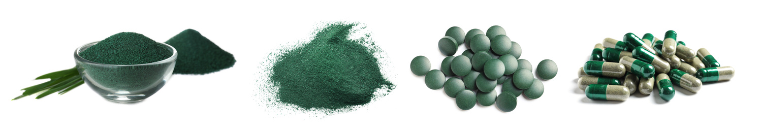 Image of Set of spirulina algae powder and pills on white background. Banner design