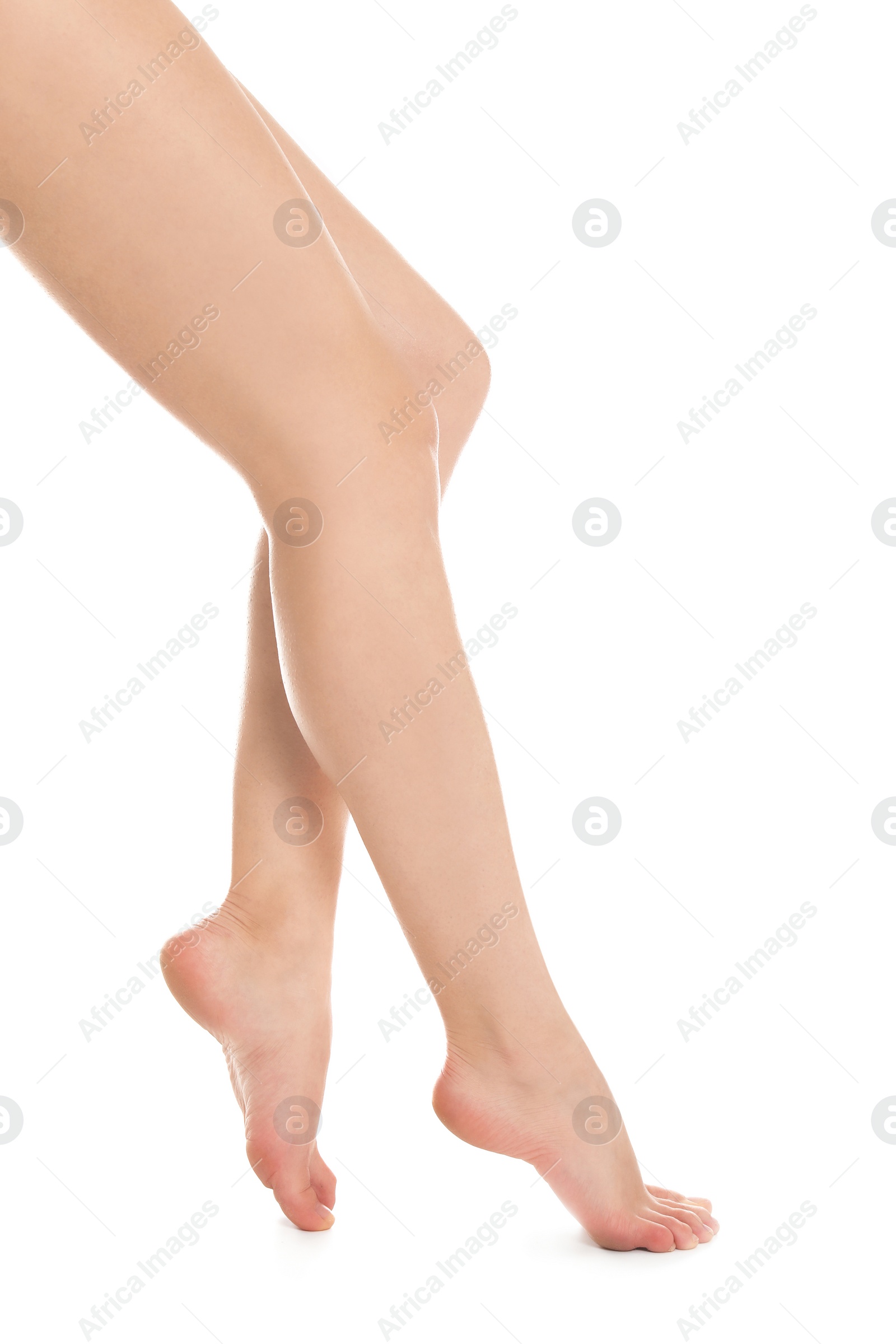 Photo of Young woman showing smooth silky skin after epilation on white background