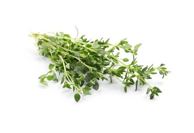Photo of Bunch of aromatic thyme on white background. Fresh herb