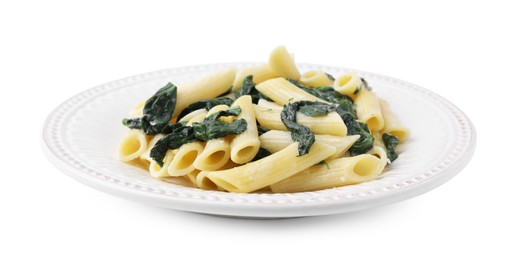 Photo of Tasty pasta with spinach and sauce isolated on white