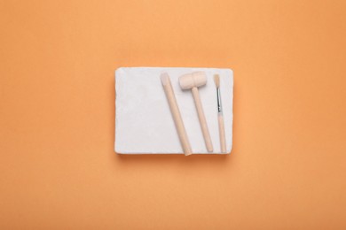 Photo of Educational toy for motor skills development. Excavation kit (plaster, digging tools and brush) on orange background, top view